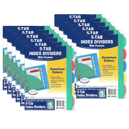 C-Line Products Mini Size 5-Tab Poly Index Dividers w/Pocket, Assorted Colors, PK12 3750